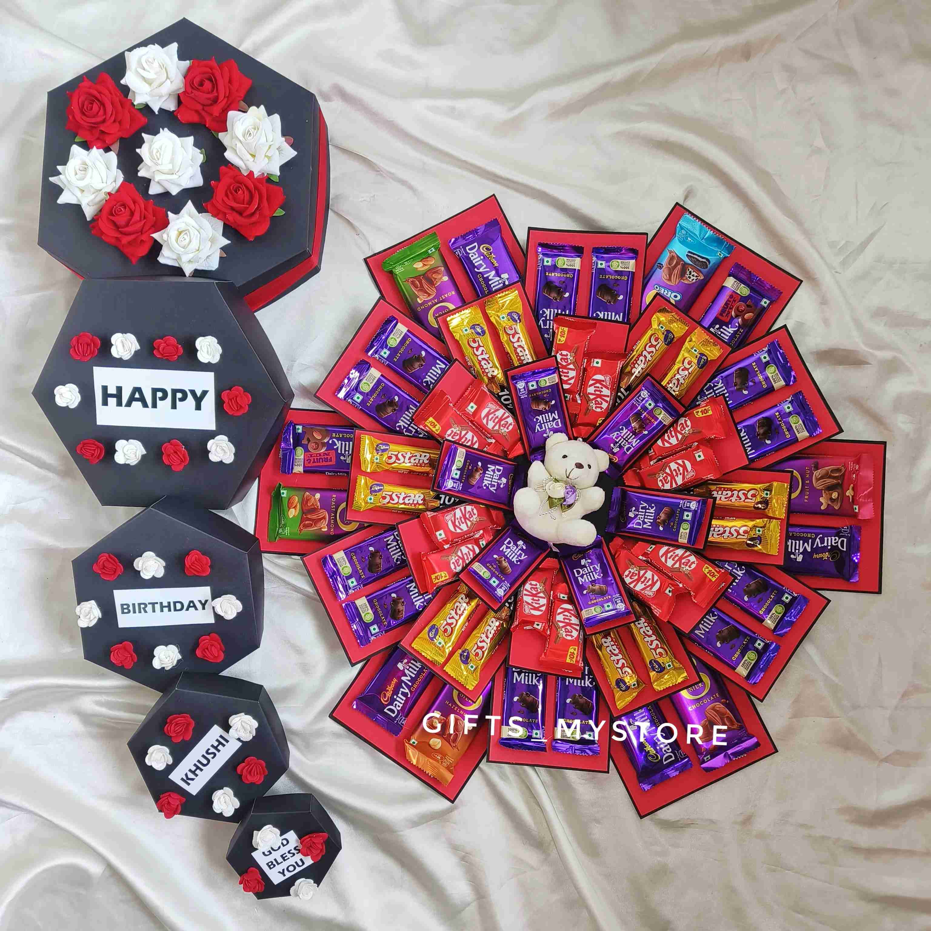 5 layer mix chocolates chocolate explosion box in romantic red theme handmade gift product designed for special occasions