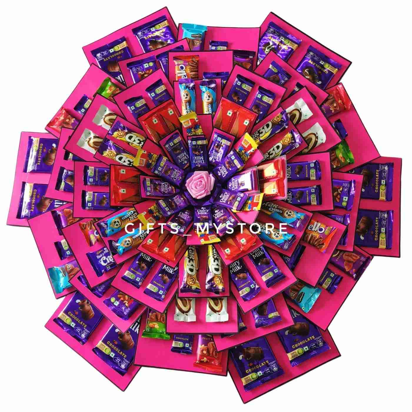 10 layer chocolate explosion box in elegant pink theme handmade gift product designed for special occasions