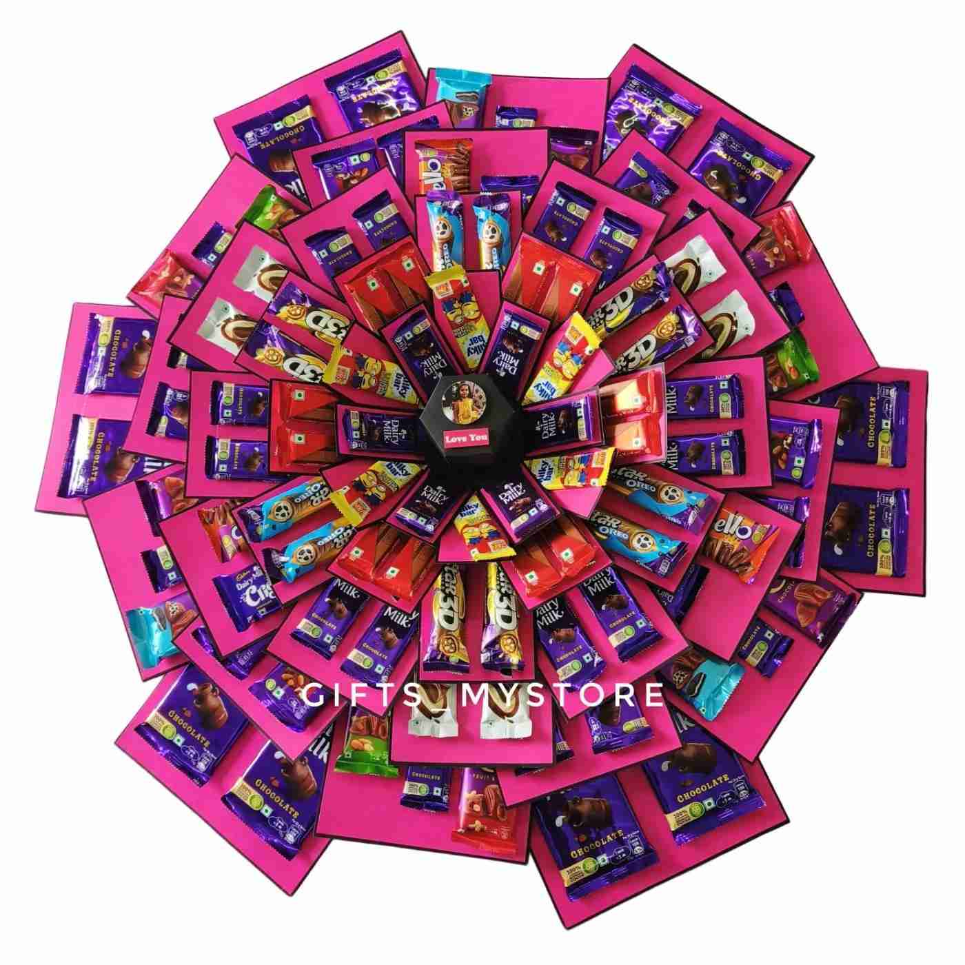 10 layer chocolate explosion box in elegant pink theme handmade gift product designed for special occasions