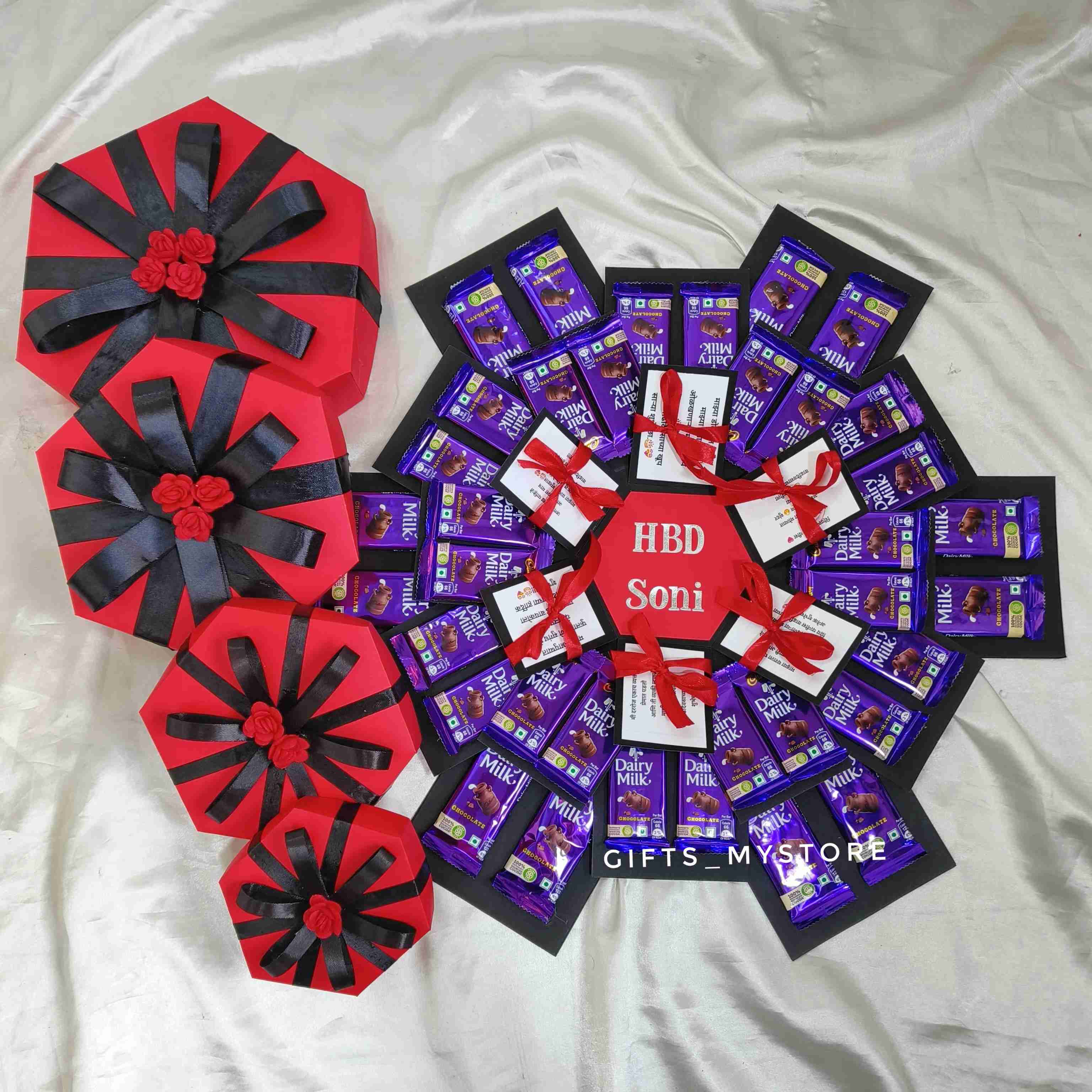 4 layer classic dairy milk chocolate explosion box in romantic red theme handmade gift product designed for special occasions