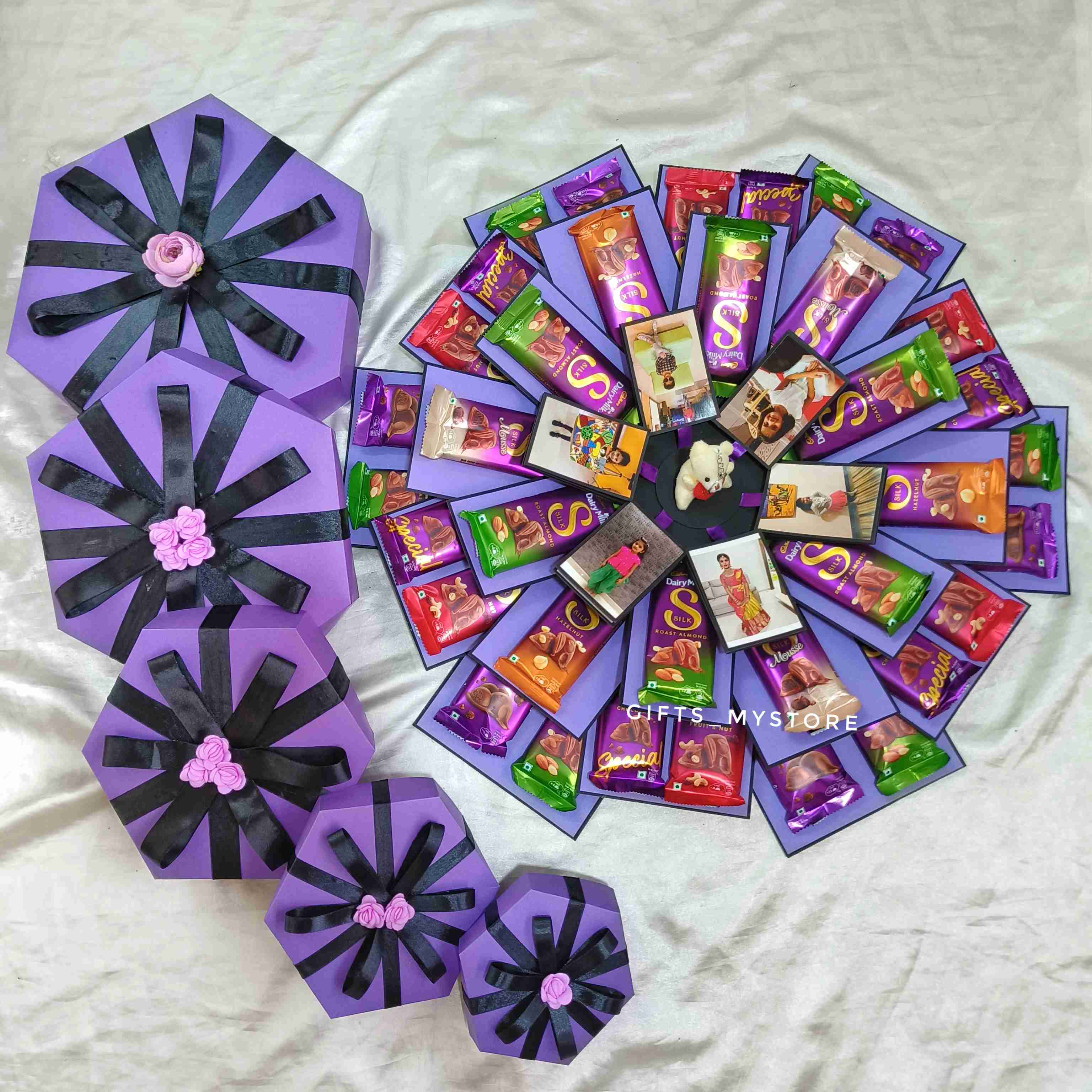 ROTATING TEDDY BEAR WITH COMPLETE DAIRY MILK SILK CEB (PURPLE THEME)