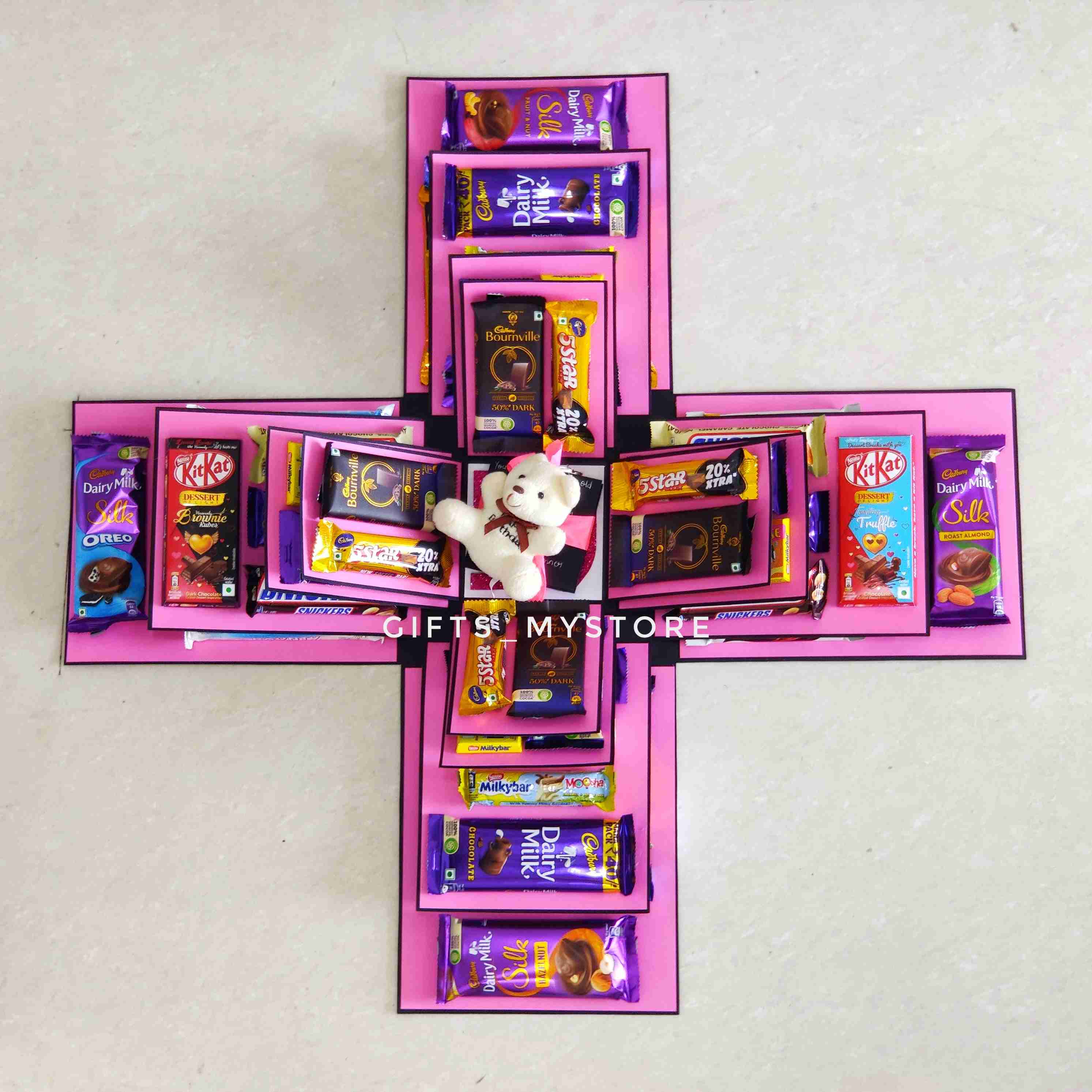 4 layer mix chocolates chocolate explosion box in elegant pink theme handmade gift product designed for special occasions