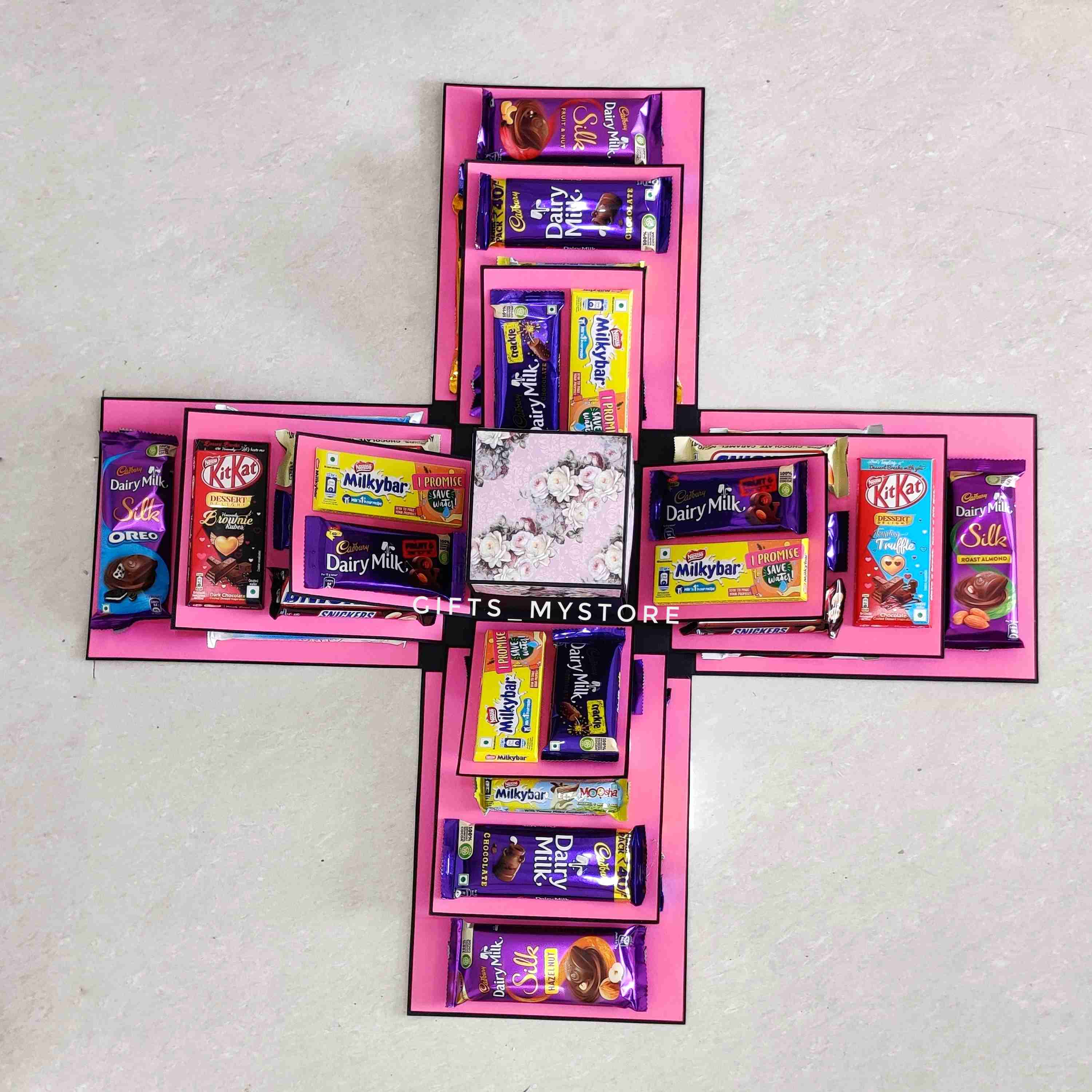 4 layer mix chocolates chocolate explosion box in elegant pink theme handmade gift product designed for special occasions