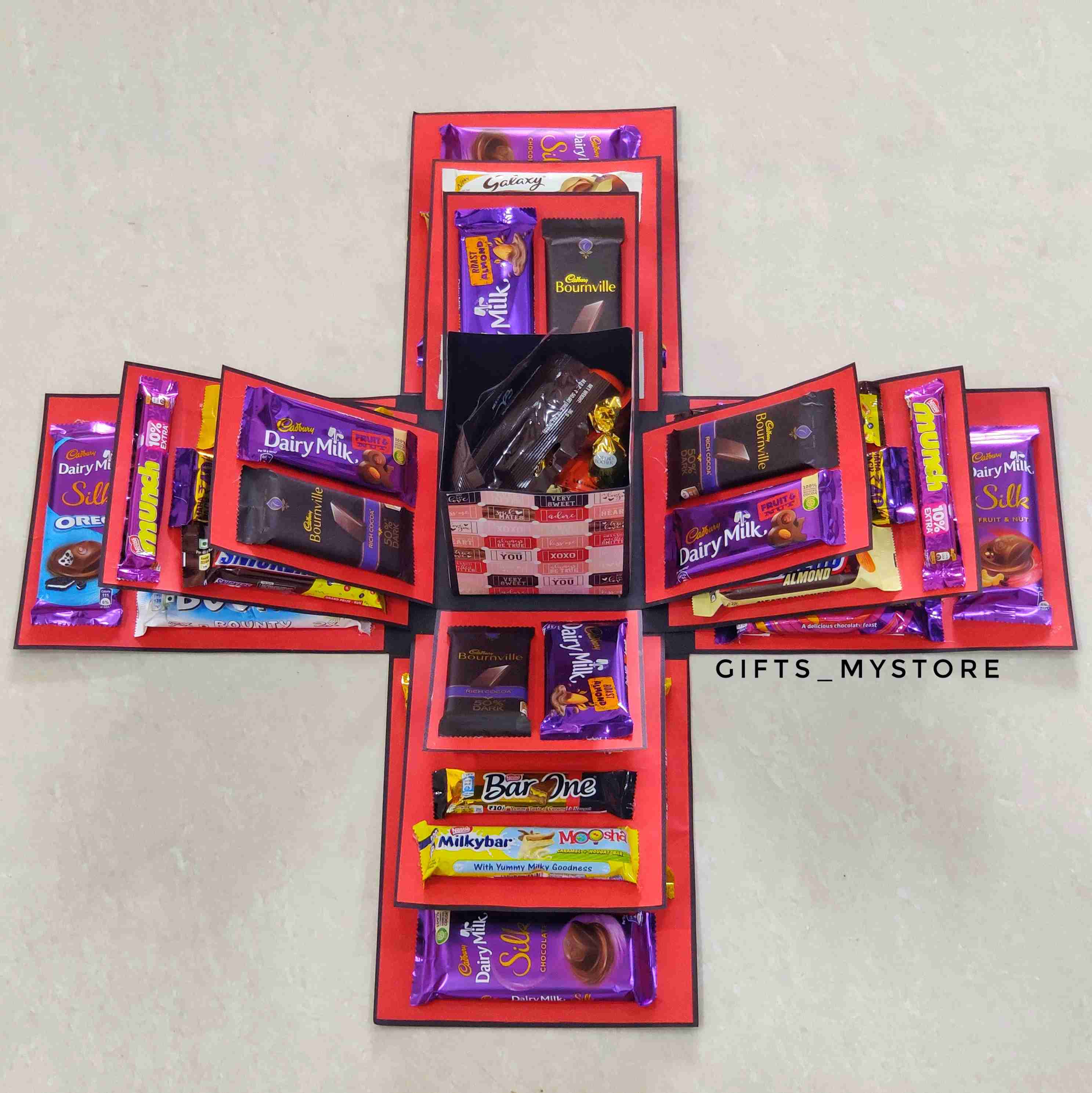 4 layer mix chocolates chocolate explosion box in romantic red theme handmade gift product designed for special occasions